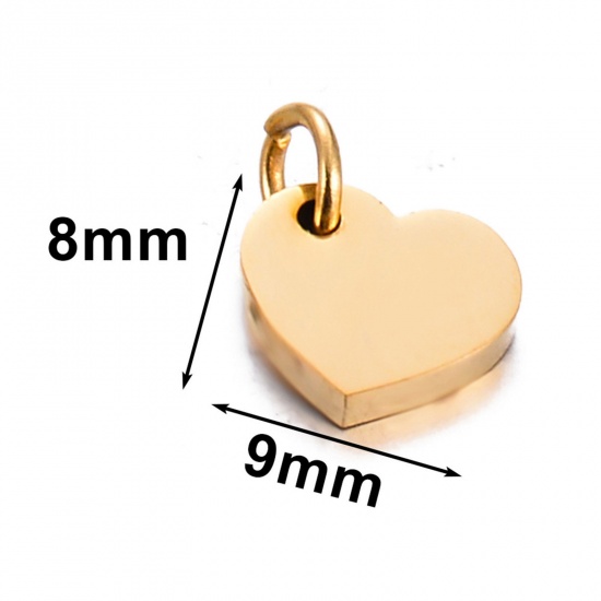 Picture of 5 PCs 304 Stainless Steel Blank Stamping Tags Charms Heart Gold Plated Double-sided Polishing 8mm x 9mm