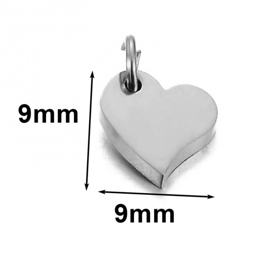 Picture of 5 PCs 304 Stainless Steel Blank Stamping Tags Charms Heart Silver Tone Double-sided Polishing 9mm x 9mm