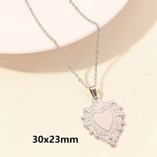 Picture of 1 Piece Vacuum Plating 304 Stainless Steel Link Cable Chain Pendant Necklace Silver Tone Ex Voto Heart 40cm(15.7") long