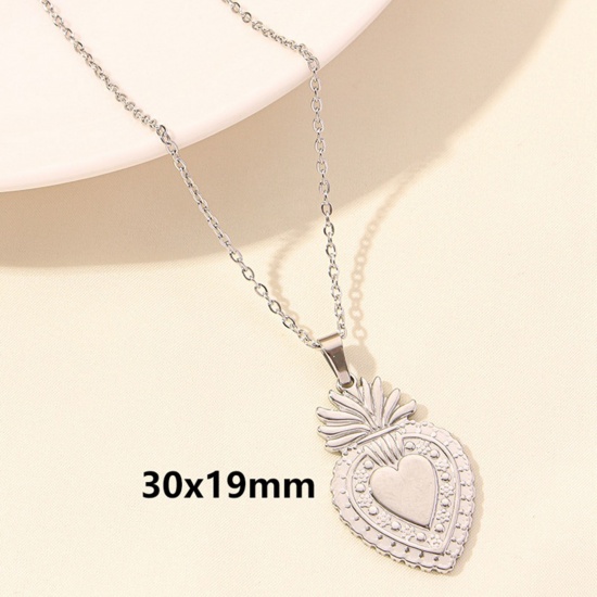 Picture of 1 Piece 304 Stainless Steel Link Cable Chain Pendant Necklace Silver Tone Ex Voto Heart 40cm(15.7") long