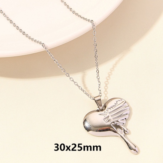 Picture of 1 Piece 304 Stainless Steel Link Cable Chain Pendant Necklace Silver Tone Ex Voto Heart 40cm(15.7") long