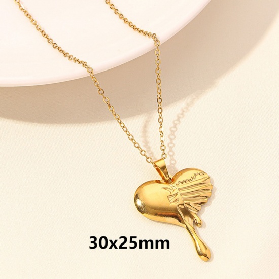 Picture of 1 Piece Vacuum Plating 304 Stainless Steel Link Cable Chain Pendant Necklace Gold Plated Ex Voto Heart 40cm(15.7") long