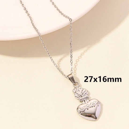 Picture of 1 Piece 304 Stainless Steel Link Cable Chain Pendant Necklace Silver Tone Ex Voto Heart 40cm(15.7") long