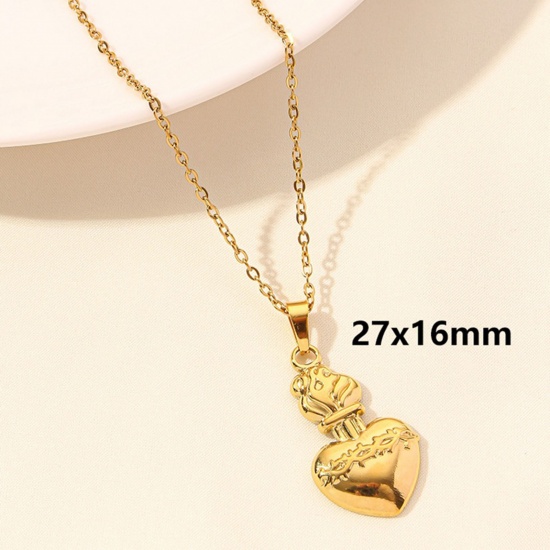 Picture of 1 Piece Vacuum Plating 304 Stainless Steel Link Cable Chain Pendant Necklace Gold Plated Ex Voto Heart 40cm(15.7") long