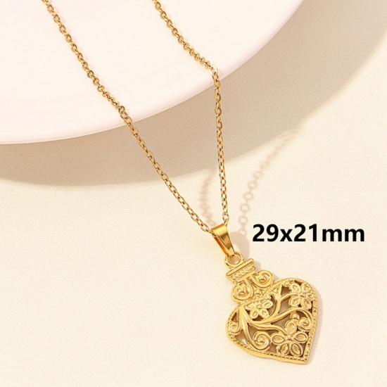 Picture of 1 Piece Vacuum Plating 304 Stainless Steel Link Cable Chain Pendant Necklace Gold Plated Ex Voto Heart 40cm(15.7") long