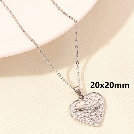 Picture of 1 Piece 304 Stainless Steel Link Cable Chain Pendant Necklace Silver Tone Ex Voto Heart 40cm(15.7") long