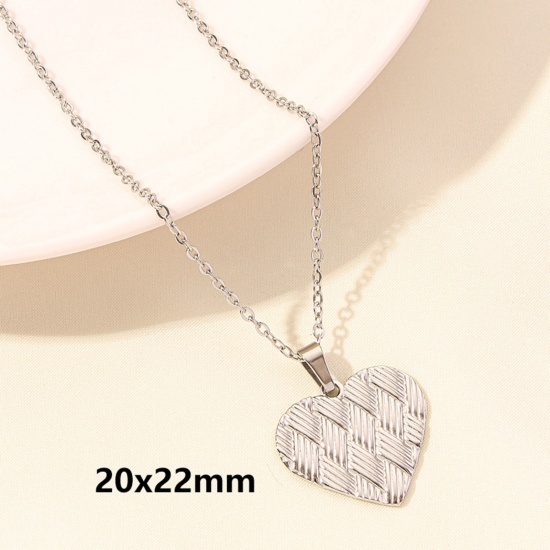 Picture of 1 Piece 304 Stainless Steel Valentine's Day Link Cable Chain Pendant Necklace Silver Tone Heart 40cm(15.7") long