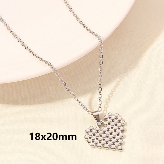 Picture of 1 Piece 304 Stainless Steel Valentine's Day Link Cable Chain Pendant Necklace Silver Tone Heart 40cm(15.7") long