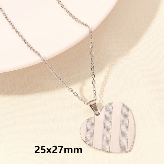 Picture of 1 Piece 304 Stainless Steel Valentine's Day Link Cable Chain Pendant Necklace Silver Tone Heart 40cm(15.7") long