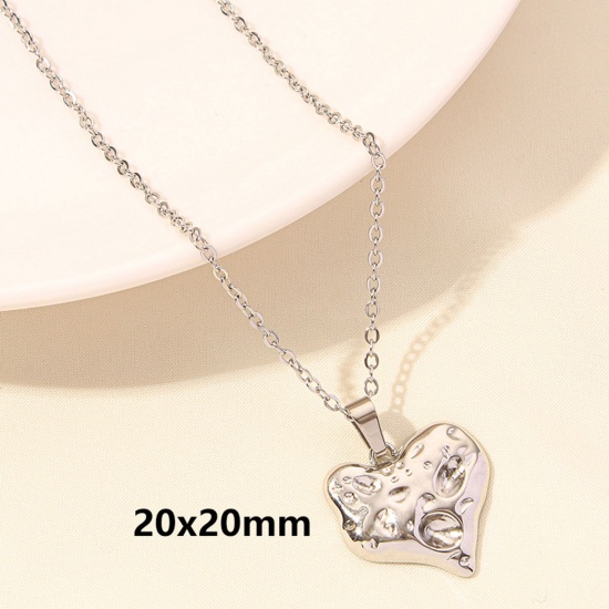 Picture of 1 Piece 304 Stainless Steel Valentine's Day Link Cable Chain Pendant Necklace Silver Tone Heart 40cm(15.7") long