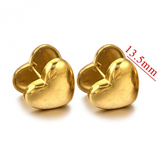 Picture of 2 PCs Vacuum Plating 304 Stainless Steel Ear Clips Earrings 18K Gold Plated Heart 13.5mm Dia.