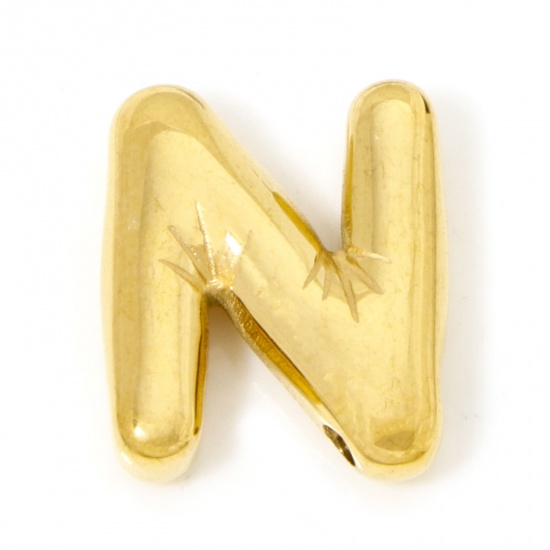 Imagen de 2 Unidades Recubrimiento al Vacío PVD Ecológico 304 Acero Inoxidable Colgantes Chapado en Oro de 18K Letra Mayúscula Mensaje " N " 19mm x 16mm
