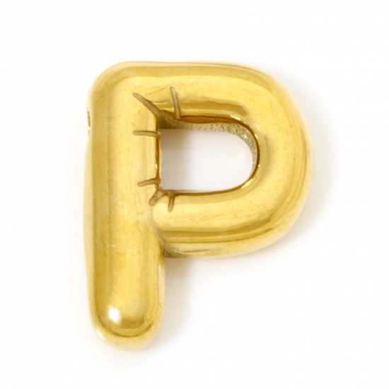 Imagen de 2 Unidades Recubrimiento al Vacío PVD Ecológico 304 Acero Inoxidable Colgantes Chapado en Oro de 18K Letra Mayúscula Mensaje " P " 19mm x 15mm