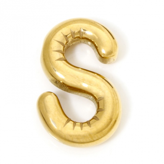 Imagen de 2 Unidades Recubrimiento al Vacío PVD Ecológico 304 Acero Inoxidable Colgantes Chapado en Oro de 18K Letra Mayúscula Mensaje " S " 23mm x 15mm