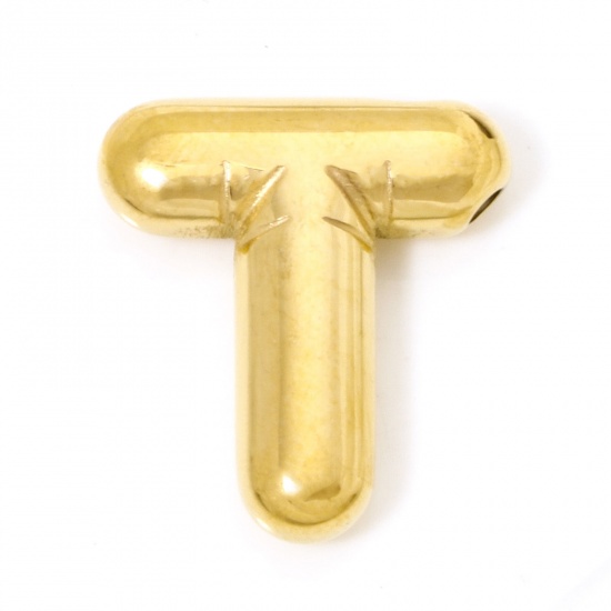Imagen de 2 Unidades Recubrimiento al Vacío PVD Ecológico 304 Acero Inoxidable Colgantes Chapado en Oro de 18K Letra Mayúscula Mensaje " T " 21mm x 19mm