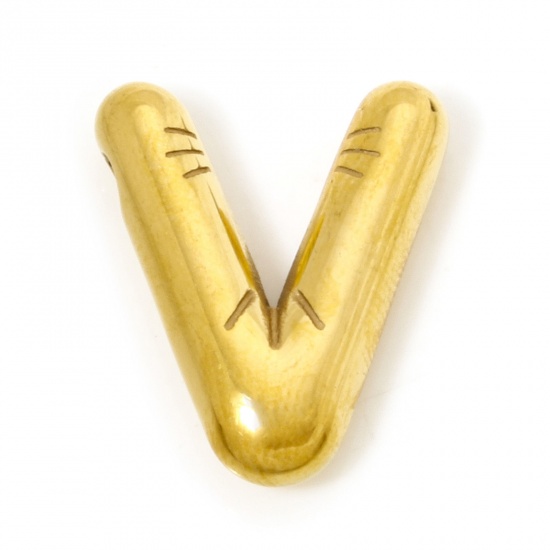 Imagen de 2 Unidades Recubrimiento al Vacío PVD Ecológico 304 Acero Inoxidable Colgantes Chapado en Oro de 18K Letra Mayúscula Mensaje " V " 19.5mm x 16mm