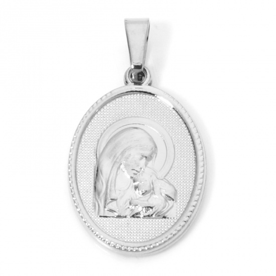 Immagine di 2 Pz 304 Acciaio Inossidabile Ciondoli Pendenti Ovale Tono Argento Vergine Maria 3cm x 1.6cm