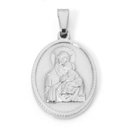 Immagine di 2 Pz 304 Acciaio Inossidabile Ciondoli Pendenti Ovale Tono Argento Vergine Maria 3cm x 1.6cm