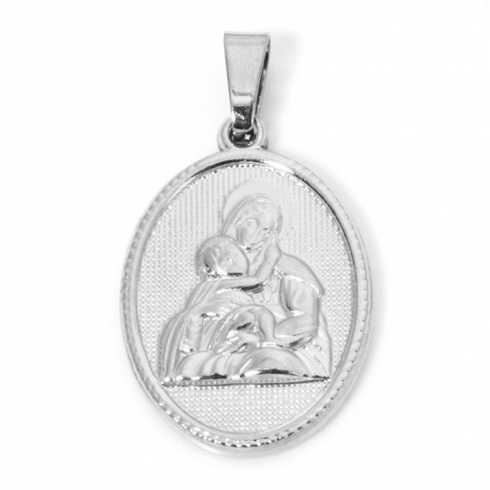 Immagine di 2 Pz 304 Acciaio Inossidabile Ciondoli Pendenti Ovale Tono Argento Vergine Maria 3cm x 1.6cm