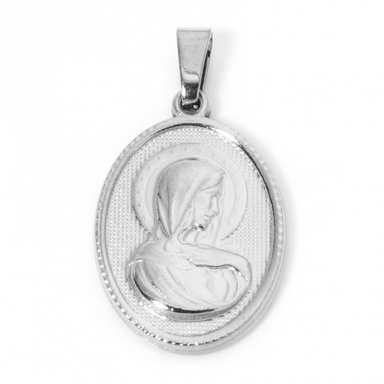 Immagine di 2 Pz 304 Acciaio Inossidabile Ciondoli Pendenti Ovale Tono Argento Vergine Maria 3cm x 1.6cm