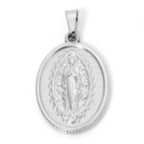 Immagine di 2 Pz 304 Acciaio Inossidabile Ciondoli Pendenti Ovale Tono Argento Vergine Maria 3cm x 1.6cm