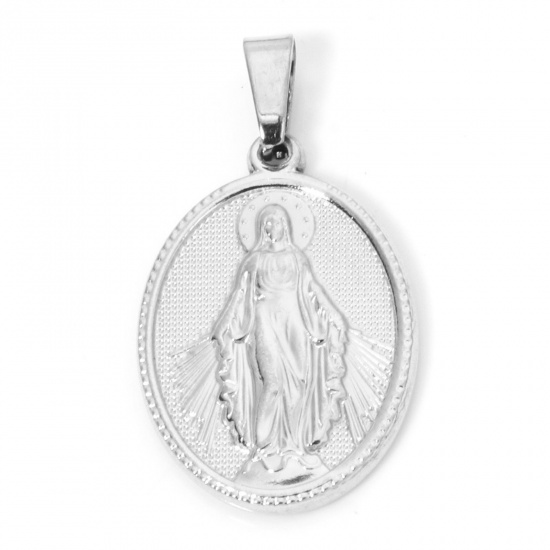Immagine di 2 Pz 304 Acciaio Inossidabile Ciondoli Pendenti Ovale Tono Argento Vergine Maria 3cm x 1.6cm