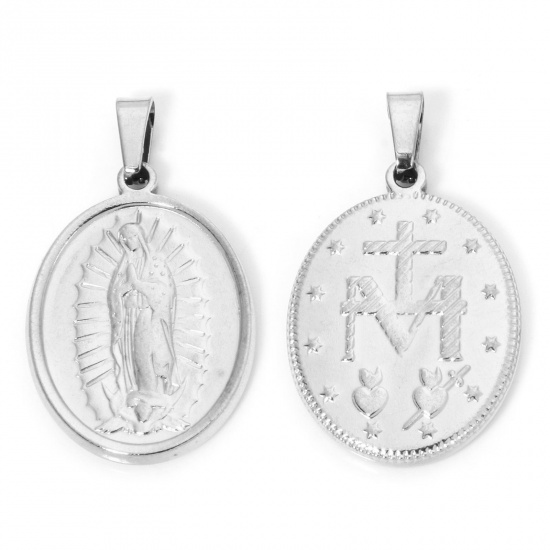 Immagine di 2 Pz 304 Acciaio Inossidabile Ciondoli Pendenti Ovale Tono Argento Vergine Maria 3.2cm x 1.9cm