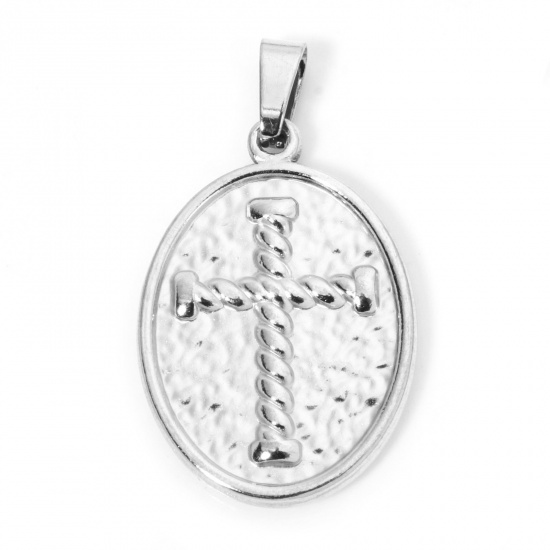 Immagine di 2 Pz 304 Acciaio Inossidabile Ciondoli Pendenti Ovale Tono Argento Croce 3.2cm x 1.8cm
