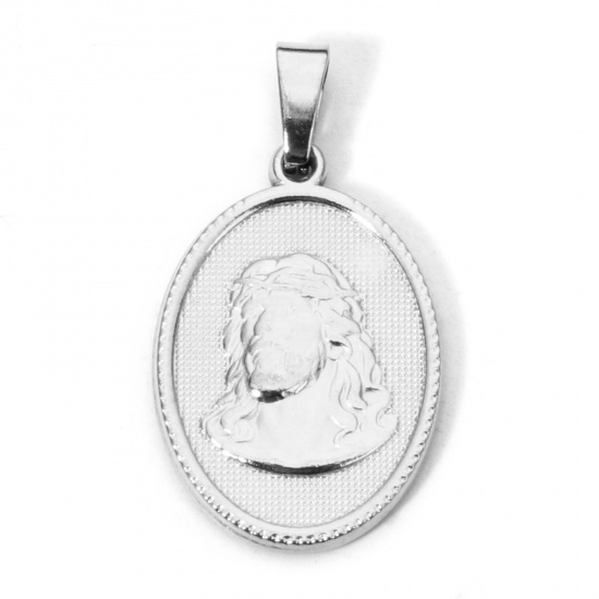 Immagine di 2 Pz 304 Acciaio Inossidabile Ciondoli Pendenti Ovale Tono Argento Gesù 3cm x 1.6cm