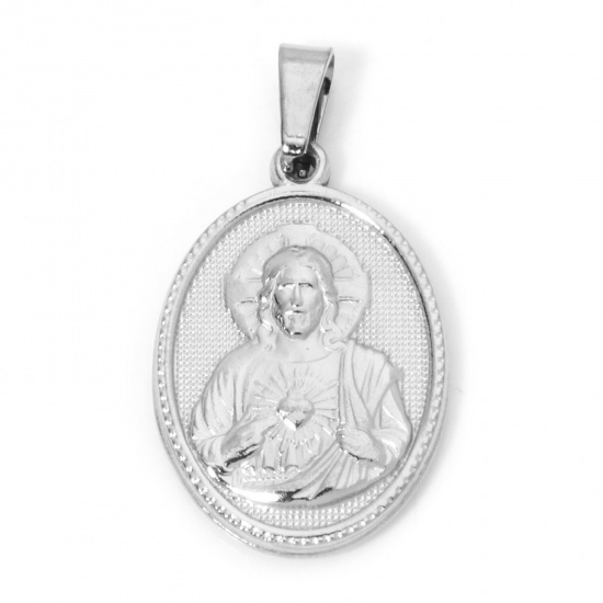 Immagine di 2 Pz 304 Acciaio Inossidabile Ciondoli Pendenti Ovale Tono Argento Gesù 3cm x 1.6cm