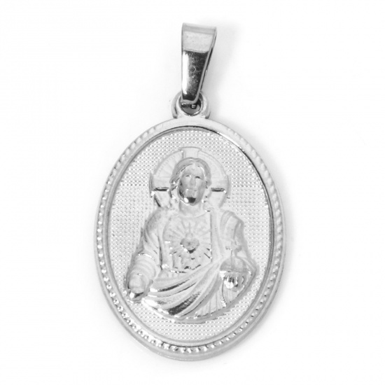 Immagine di 2 Pz 304 Acciaio Inossidabile Ciondoli Pendenti Ovale Tono Argento Gesù 3cm x 1.6cm