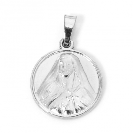 Immagine di 2 Pz 304 Acciaio Inossidabile Ciondoli Pendenti Tondo Tono Argento Vergine Maria 26mm x 18mm