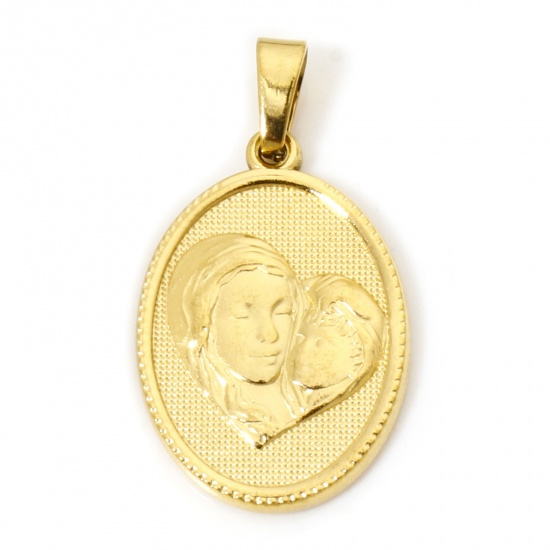 Image de 2 Pcs Pendentif Breloque en 304 Acier Inoxydable Revêtement sous Vide PVD Respectueux de l'Environnement Religieux Plaqué Or 18K Ovale Sainte Vierge Marie 3cm x 1.6cm