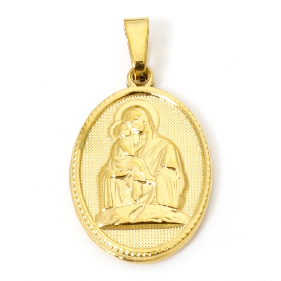 Image de 2 Pcs Pendentif Breloque en 304 Acier Inoxydable Revêtement sous Vide PVD Respectueux de l'Environnement Religieux Plaqué Or 18K Ovale Sainte Vierge Marie 3cm x 1.6cm