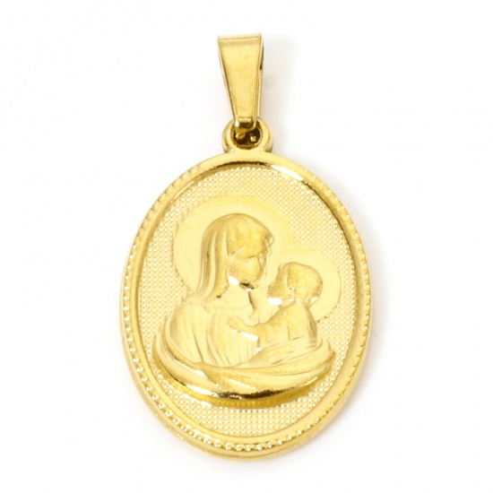 Image de 2 Pcs Pendentif Breloque en 304 Acier Inoxydable Revêtement sous Vide PVD Respectueux de l'Environnement Religieux Plaqué Or 18K Ovale Sainte Vierge Marie 3cm x 1.6cm