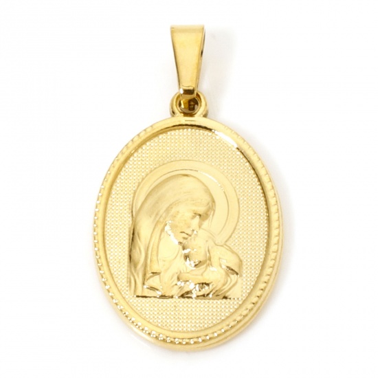 Image de 2 Pcs Pendentif Breloque en 304 Acier Inoxydable Revêtement sous Vide PVD Respectueux de l'Environnement Religieux Plaqué Or 18K Ovale Sainte Vierge Marie 3cm x 1.6cm