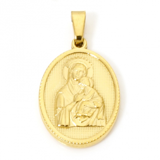 Image de 2 Pcs Pendentif Breloque en 304 Acier Inoxydable Revêtement sous Vide PVD Respectueux de l'Environnement Religieux Plaqué Or 18K Ovale Sainte Vierge Marie 3cm x 1.6cm