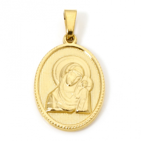 Image de 2 Pcs Pendentif Breloque en 304 Acier Inoxydable Revêtement sous Vide PVD Respectueux de l'Environnement Religieux Plaqué Or 18K Ovale Sainte Vierge Marie 3cm x 1.6cm