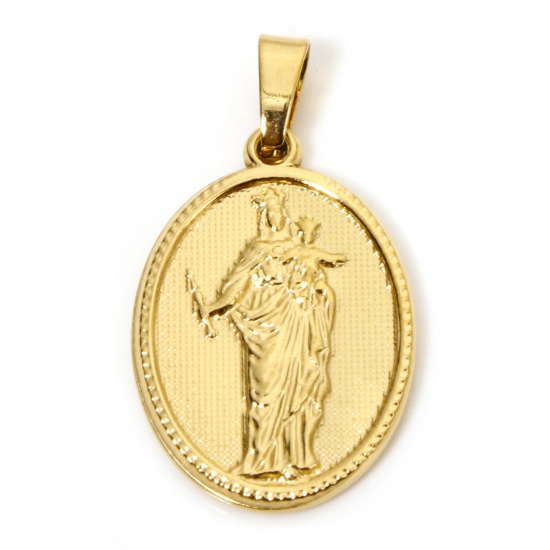 Image de 2 Pcs Pendentif Breloque en 304 Acier Inoxydable Revêtement sous Vide PVD Respectueux de l'Environnement Religieux Plaqué Or 18K Ovale Sainte Vierge Marie 3cm x 1.6cm