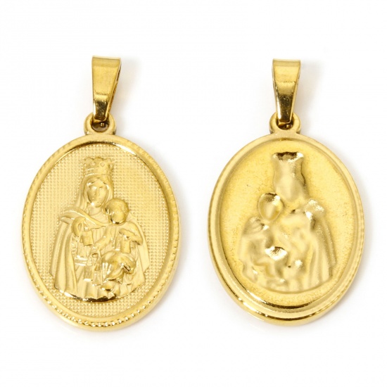 Image de 2 Pcs Pendentif Breloque en 304 Acier Inoxydable Revêtement sous Vide PVD Respectueux de l'Environnement Religieux Plaqué Or 18K Ovale Sainte Vierge Marie 3cm x 1.6cm