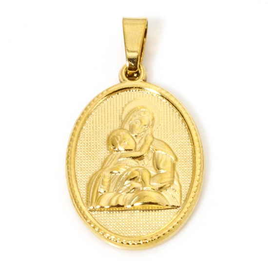 Image de 2 Pcs Pendentif Breloque en 304 Acier Inoxydable Revêtement sous Vide PVD Respectueux de l'Environnement Religieux Plaqué Or 18K Ovale Sainte Vierge Marie 3cm x 1.6cm