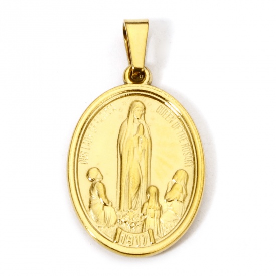 Image de 2 Pcs Pendentif Breloque en 304 Acier Inoxydable Revêtement sous Vide PVD Respectueux de l'Environnement Religieux Plaqué Or 18K Ovale Sainte Vierge Marie 3cm x 1.6cm