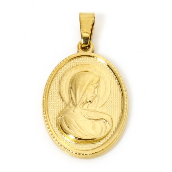 Image de 2 Pcs Pendentif Breloque en 304 Acier Inoxydable Revêtement sous Vide PVD Respectueux de l'Environnement Religieux Plaqué Or 18K Ovale Sainte Vierge Marie 3cm x 1.6cm
