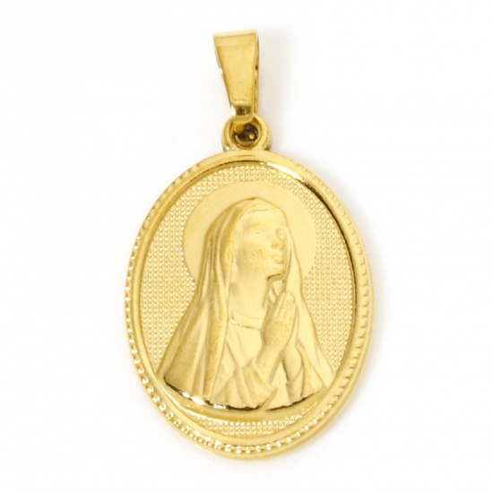 Image de 2 Pcs Pendentif Breloque en 304 Acier Inoxydable Revêtement sous Vide PVD Respectueux de l'Environnement Religieux Plaqué Or 18K Ovale Sainte Vierge Marie 3cm x 1.6cm