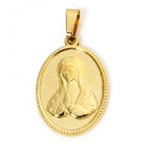 Image de 2 Pcs Pendentif Breloque en 304 Acier Inoxydable Revêtement sous Vide PVD Respectueux de l'Environnement Religieux Plaqué Or 18K Ovale Sainte Vierge Marie 3cm x 1.6cm