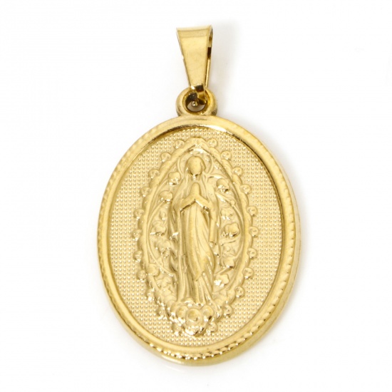 Image de 2 Pcs Pendentif Breloque en 304 Acier Inoxydable Revêtement sous Vide PVD Respectueux de l'Environnement Religieux Plaqué Or 18K Ovale Sainte Vierge Marie 3cm x 1.6cm
