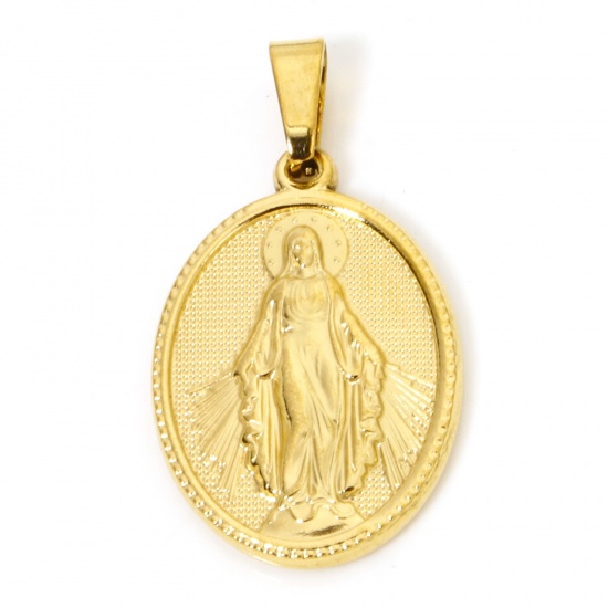 Image de 2 Pcs Pendentif Breloque en 304 Acier Inoxydable Revêtement sous Vide PVD Respectueux de l'Environnement Religieux Plaqué Or 18K Ovale Sainte Vierge Marie 3cm x 1.6cm