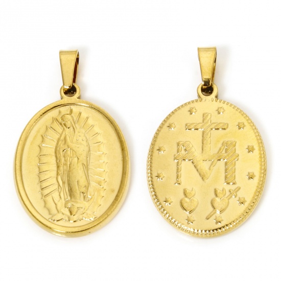 Image de 2 Pcs Pendentif Breloque en 304 Acier Inoxydable Revêtement sous Vide PVD Respectueux de l'Environnement Religieux Plaqué Or 18K Ovale Sainte Vierge Marie 3.2cm x 1.9cm