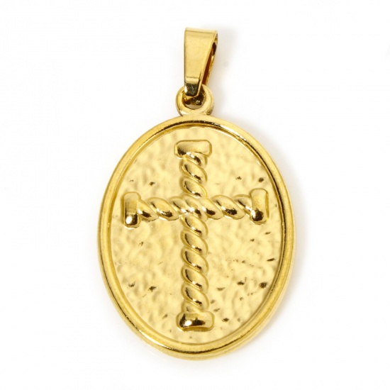 Image de 2 Pcs Pendentif Breloque en 304 Acier Inoxydable Revêtement sous Vide PVD Respectueux de l'Environnement Religieux Plaqué Or 18K Ovale Croix 3.2cm x 1.8cm