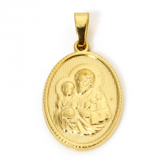 Image de 2 Pcs Pendentif Breloque en 304 Acier Inoxydable Revêtement sous Vide PVD Respectueux de l'Environnement Religieux Plaqué Or 18K Ovale Jésus 3cm x 1.6cm